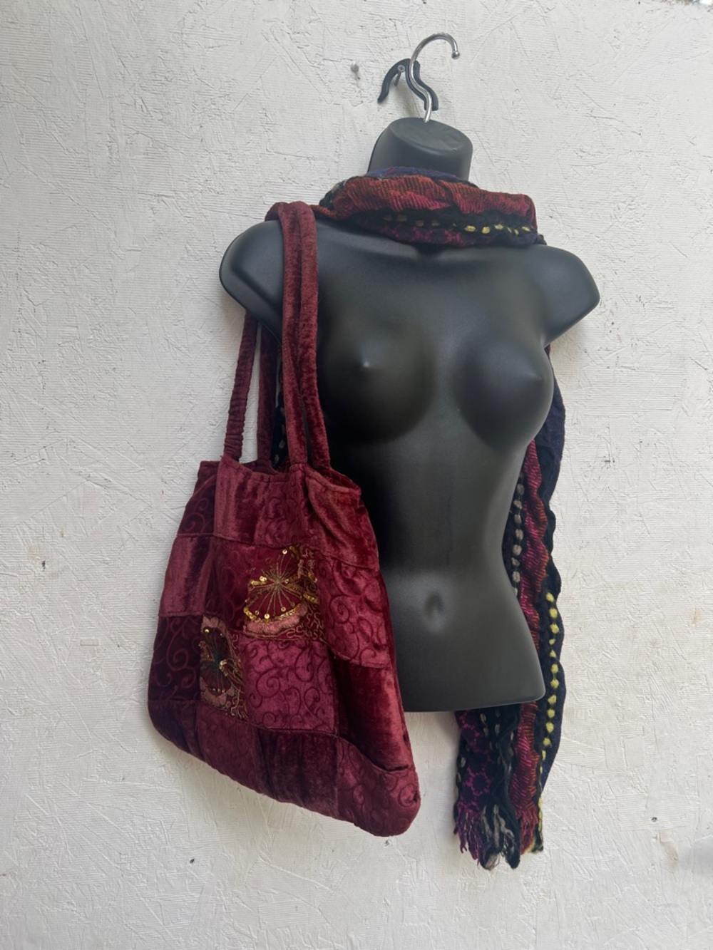 Embroidered Patchwork Velvet Tote Bag in Deep Red with Gold Accents.